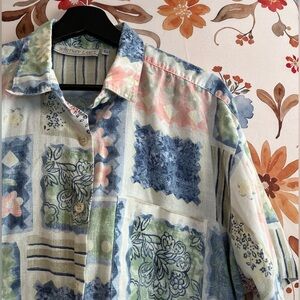 Vintage 80s 90s Whitney Lang Shirt Womens L Multicolor Button Down Blue Pink